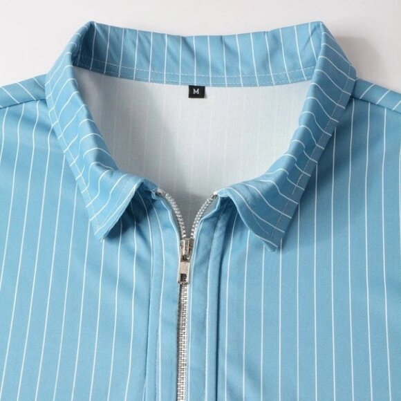 Blue Mens Striped Zip Up Polo - Picture 7 of 7